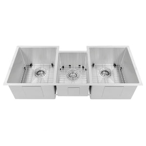 ZLINE Breckenridge 45 in. Undermount Triple Bowl Stainless Steel Kitchen Sink with Bottom Grid and Accessories (SLT-45) front, with grates.