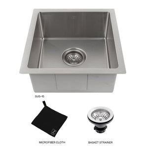 ZLINE Boreal 15 in. Undermount Single Bowl Stainless Steel Bar Kitchen Sink (SUS-15) with microfiber cloth and basket strainer.