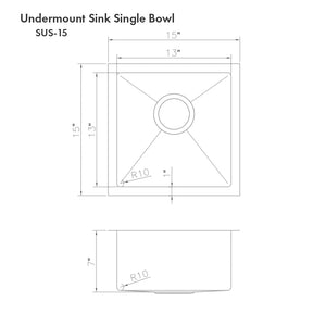 ZLINE Boreal 15 in. Undermount Single Bowl Stainless Steel Bar Kitchen Sink (SUS-15) dimensional diagram.