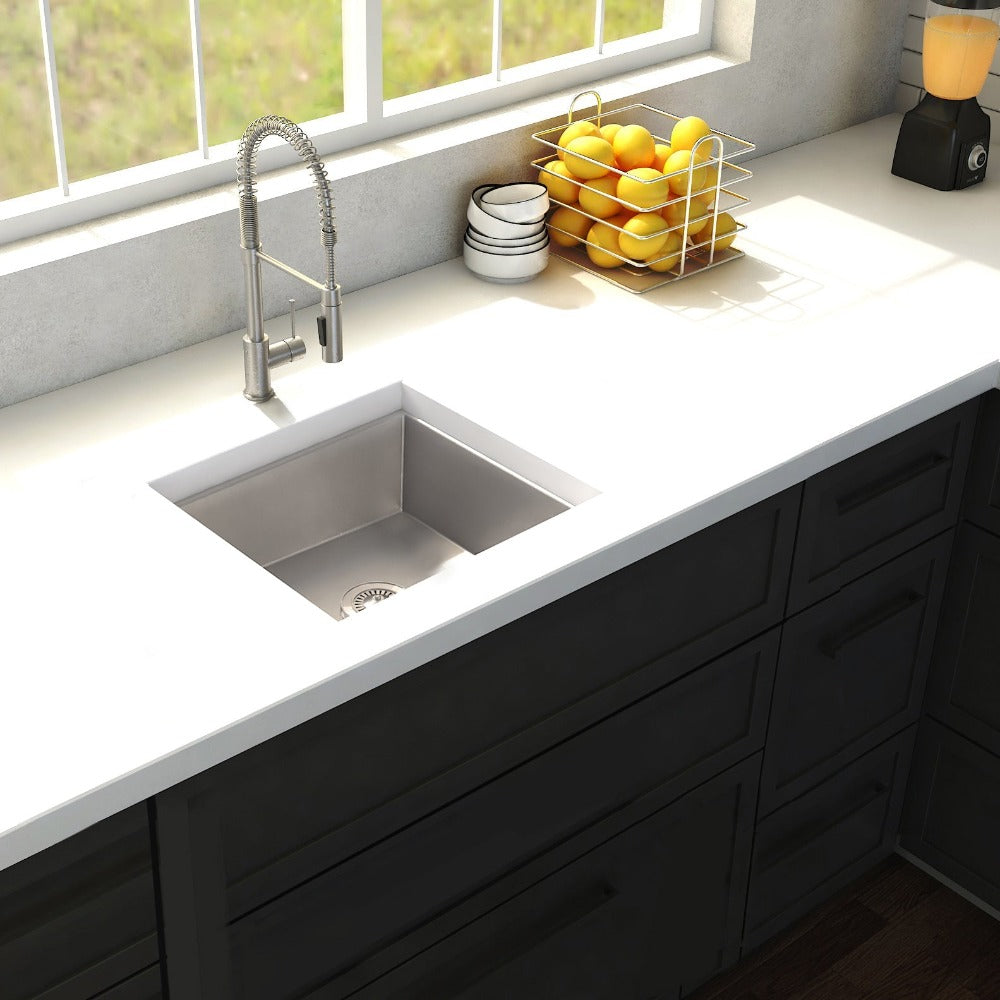 ZLINE Boreal 15 in. Undermount Single Bowl Stainless Steel Bar Kitchen Sink (SUS-15) in a farmhouse-style kitchen, above.