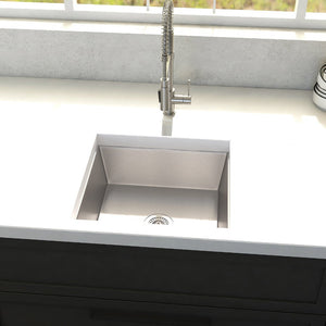 ZLINE Boreal 15 in. Undermount Single Bowl Stainless Steel Bar Kitchen Sink (SUS-15) in a farmhouse-style kitchen, close-up.