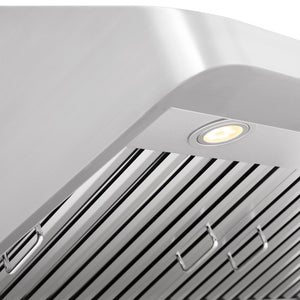 ZLINE 36 in. Ducted Under Cabinet Range Hood in Stainless Steel (623-36) close-up, built-in LED lighting.