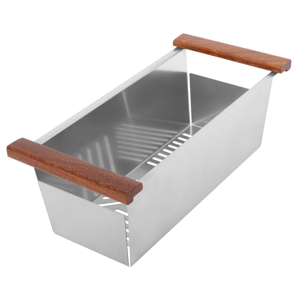 ZLINE Garmisch 43 in. Undermount Single Bowl Scratch Resistant Stainless Steel Kitchen Sink with Bottom Grid and Accessories (SLS-43S) close-up, sliding colander.