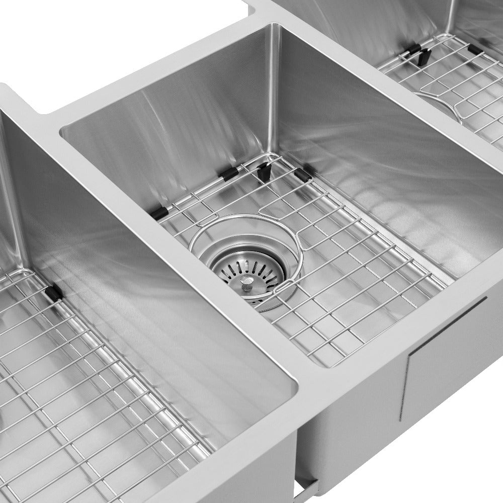 ZLINE Breckenridge 45 in. Undermount Triple Bowl Stainless Steel Kitchen Sink with Bottom Grid and Accessories (SLT-45) center basin.