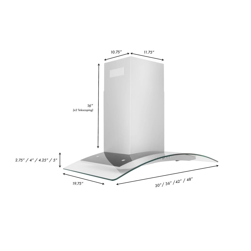ZLINE 48 in. Convertible Vent Convertible Vent Wall Mount Range Hood in Stainless Steel and Glass (KN4-48) dimensional diagram.