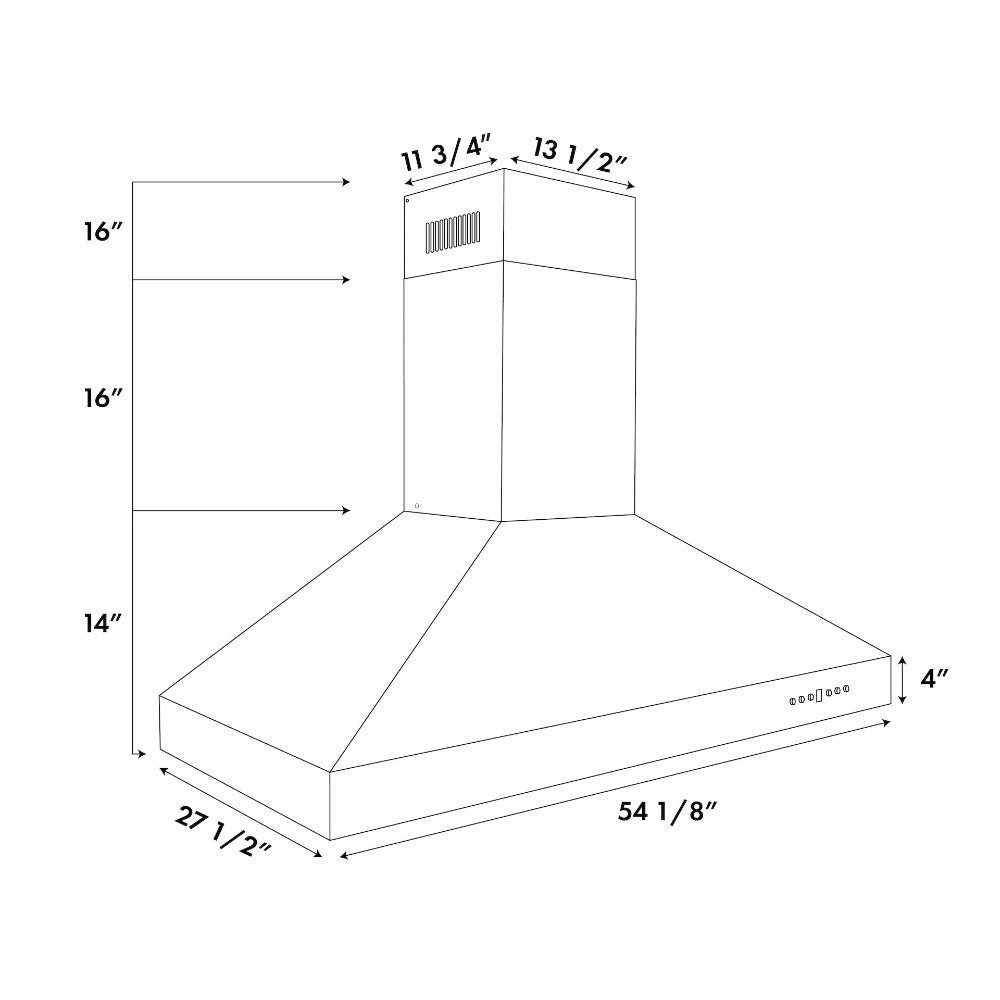 ZLINE 54 in. CrownSound™ Ducted Vent Professional Wall Mount Range Hood in Stainless Steel with Built-in Bluetooth Speakers (697CRN-BT-54) dimensional diagram.