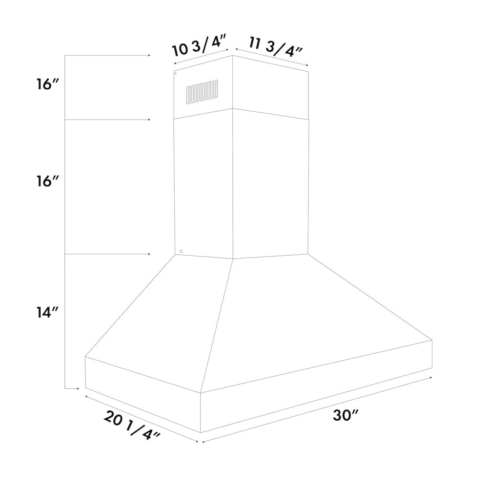 ZLINE 30 in. Professional Convertible Vent Wall Mount Range Hood in Stainless Steel (597-30) dimensional diagram.