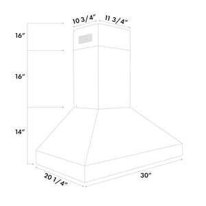 ZLINE 30 in. Professional Convertible Vent Wall Mount Range Hood in Stainless Steel (597-30) dimensional diagram.