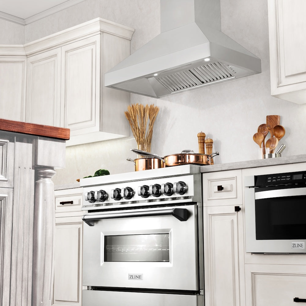 ZLINE 36 in. Professional Convertible Vent Wall Mount Range Hood in Stainless Steel (597-36) in a luxury kitchen.