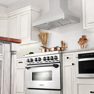 ZLINE 36 in. Professional Convertible Vent Wall Mount Range Hood in Stainless Steel (597-36) in a luxury kitchen.