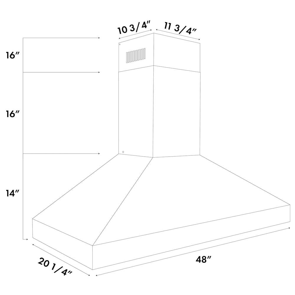 ZLINE 48 in. Professional Convertible Vent Wall Mount Range Hood in Stainless Steel (597-48) dimensional diagram.