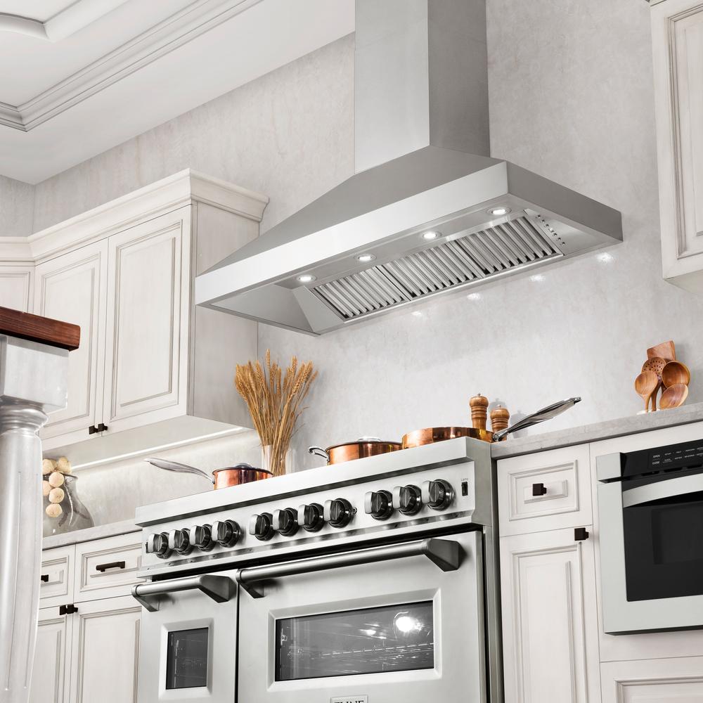 ZLINE 48 in. Professional Convertible Vent Wall Mount Range Hood in Stainless Steel (597-48) in a luxury kitchen.