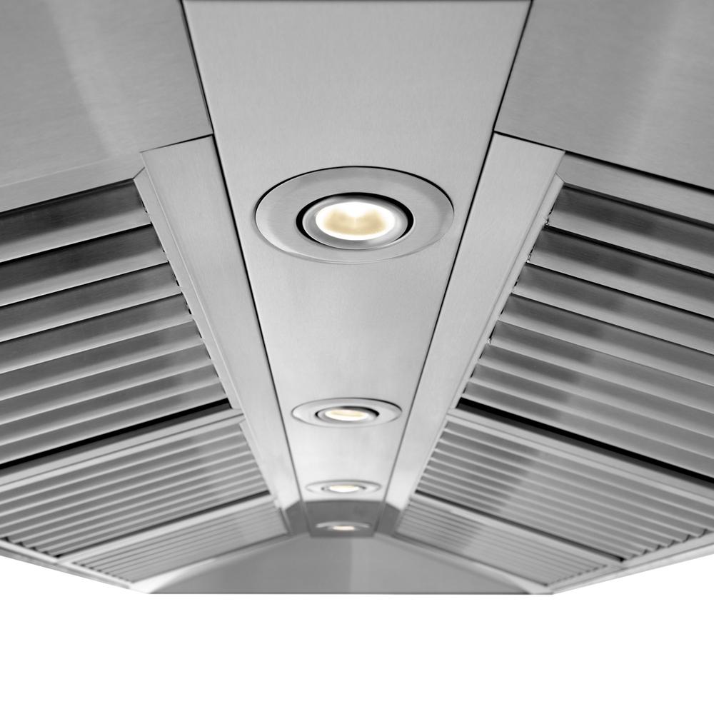 ZLINE 48 in. CrownSound™ Ducted Vent Wall Mount Range Hood in Stainless Steel with Built-in Bluetooth Speakers (667CRN-BT-48) baffle filters and LED lights.