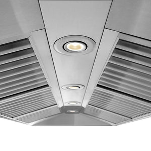ZLINE 48 in. CrownSound™ Ducted Vent Wall Mount Range Hood in Stainless Steel with Built-in Bluetooth Speakers (667CRN-BT-48) baffle filters and LED lights.