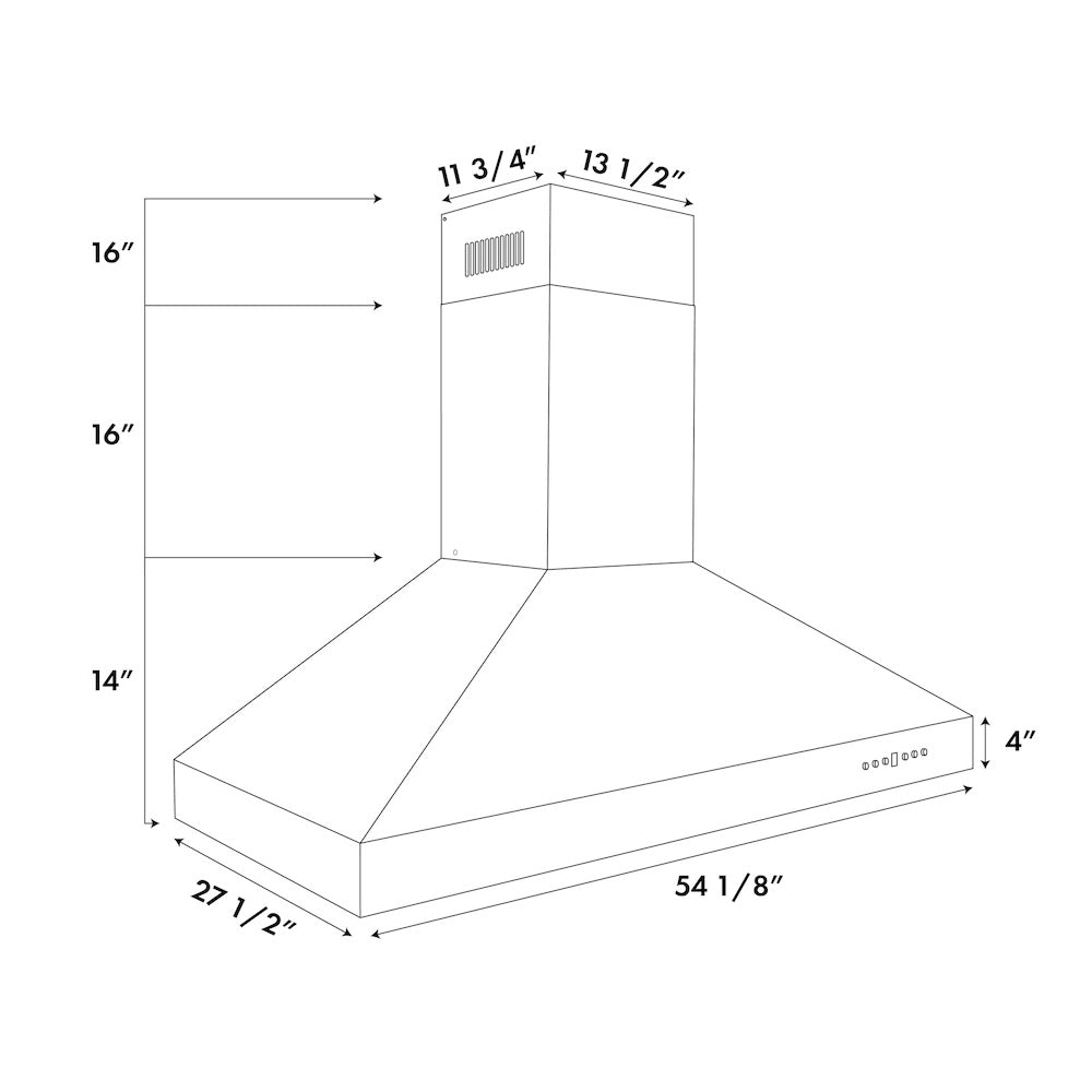 ZLINE 54 in. Professional Ducted Wall Mount Range Hood in Stainless Steel (697-54) dimensional diagram.