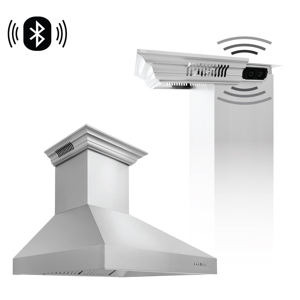 ZLINE 36 in. CrownSound™ Ducted Vent Wall Mount Range Hood in Stainless Steel with Built-in Bluetooth Speakers (697CRN-BT-36)