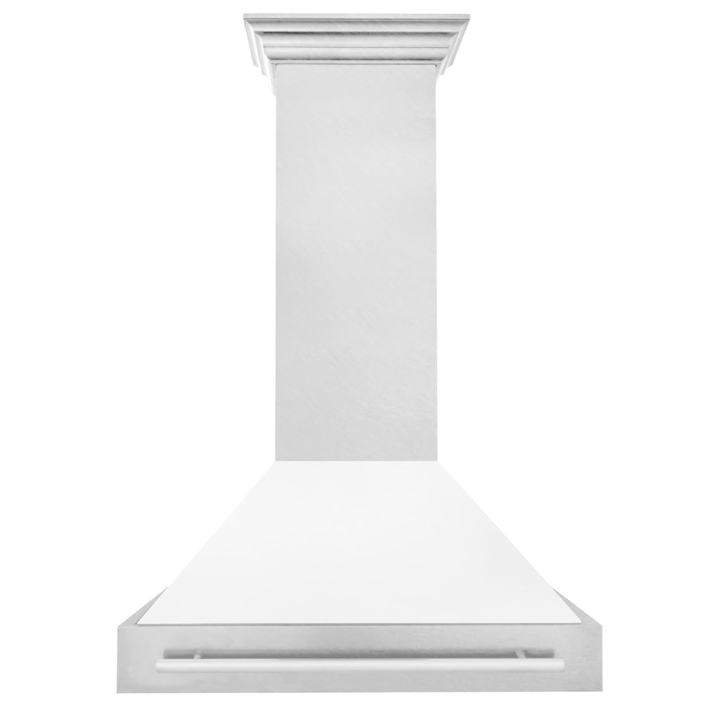 ZLINE 36 in. Satin Stainless Steel Wall Mount Range Hood with White Matte Shell and Stainless Steel Handle (8654SNX-WM-36) front.