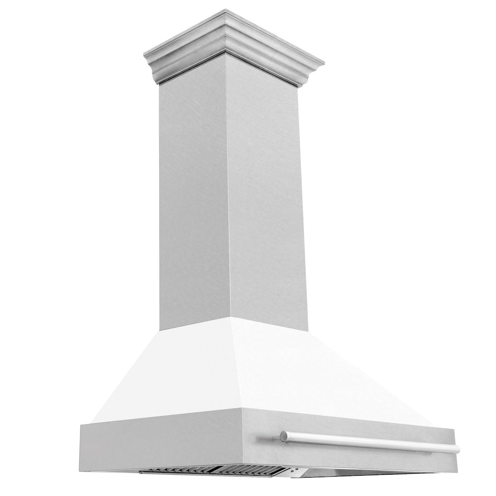 ZLINE 36 in. Satin Stainless Steel Wall Mount Range Hood with White Matte Shell and Stainless Steel Handle (8654SNX-WM-36)