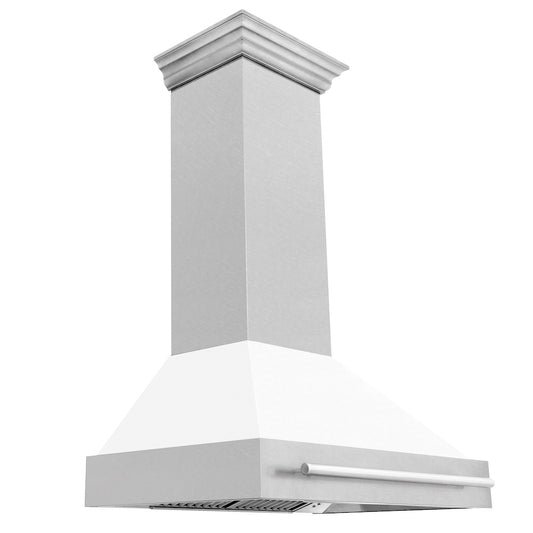 ZLINE 36 in. Satin Stainless Steel Wall Mount Range Hood with White Matte Shell and Stainless Steel Handle (8654SNX-WM-36)