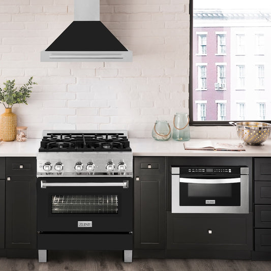 ZLINE 30 in. Convertible Satin Stainless Steel Wall Mount Range Hood with Black Matte Shell and Stainless Steel Handle (KB4SNX-BLM-30) in a luxury kitchen.