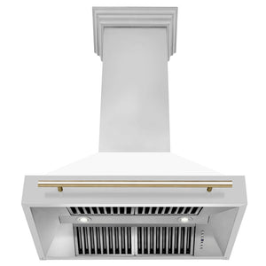 ZLINE Autograph Edition 36 in. Stainless Steel Range Hood with White Matte Shell and Polished Gold Handle (8654STZ-WM36-G) front, under.