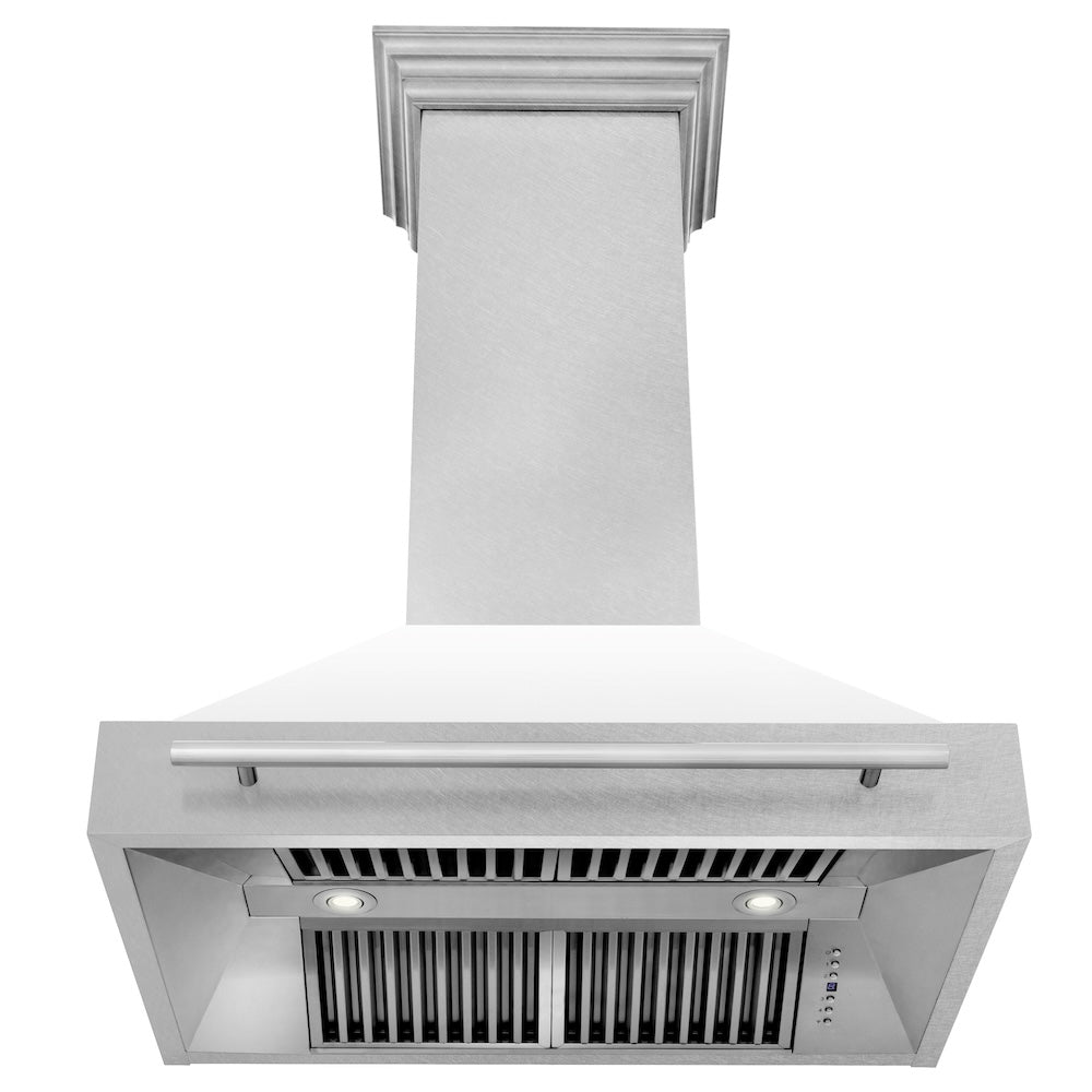ZLINE 36 in. Satin Stainless Steel Wall Mount Range Hood with White Matte Shell and Stainless Steel Handle (8654SNX-WM-36) front, under.