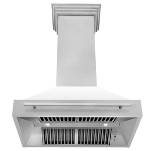 ZLINE 36 in. Satin Stainless Steel Wall Mount Range Hood with White Matte Shell and Stainless Steel Handle (8654SNX-WM-36) front, under.