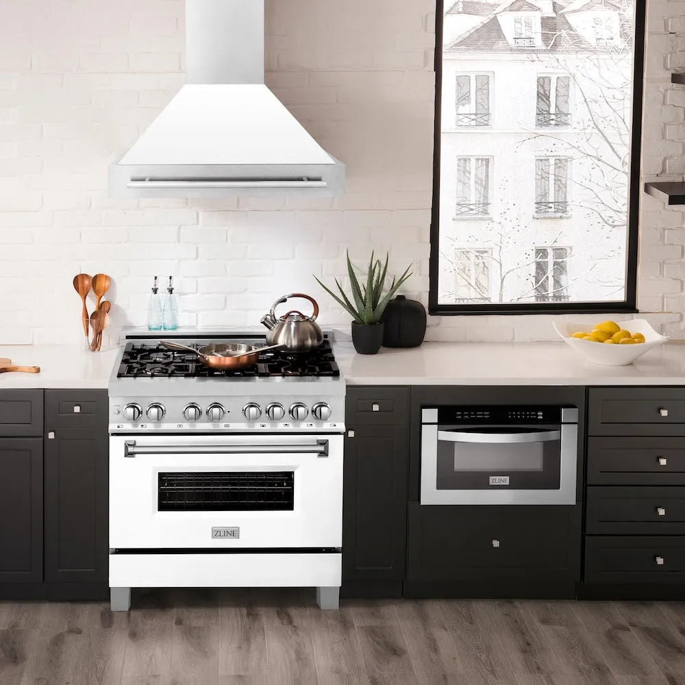ZLINE 36 in. Satin Stainless Steel Wall Mount Range Hood with White Matte Shell and Stainless Steel Handle (8654SNX-WM-36) in a luxury kitchen.