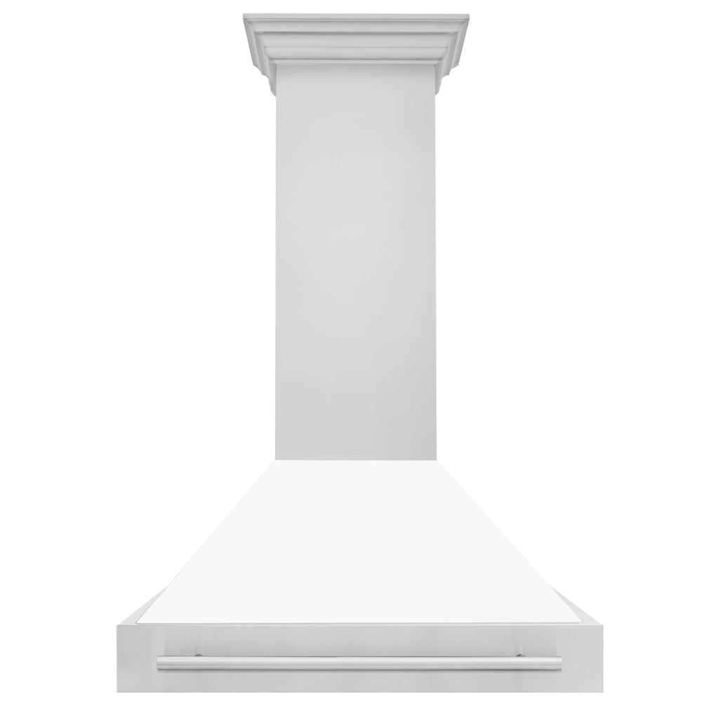 ZLINE 36 in. Stainless Steel Range Hood with White Matte Shell and Stainless Steel Handle (8654STX-WM-36) front.