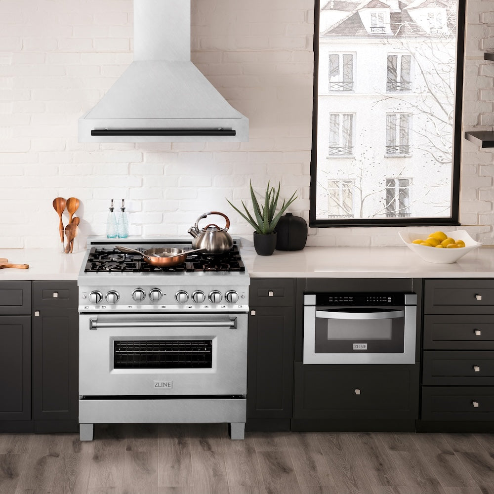 ZLINE Autograph Edition 36 in. Satin Stainless Steel Wall Mount Range Hood with Matte Black Handle (8654SNZ-36-MB)