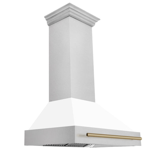 ZLINE Autograph Edition 36 in. Satin Stainless Steel Wall Mount Range Hood with White Matte Shell and Champagne Bronze Handle (8654SNZ-WM36-CB)