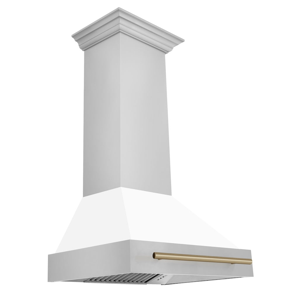 ZLINE Autograph Edition 30 in. Stainless Steel Range Hood with White Matte Shell and Champagne Bronze Handle