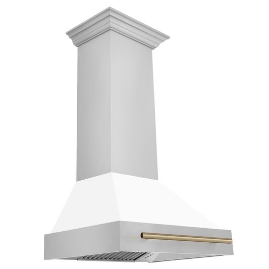 ZLINE Autograph Edition 30 in. Stainless Steel Range Hood with White Matte Shell and Champagne Bronze Handle