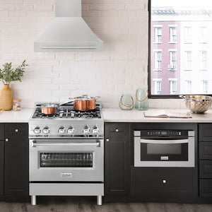 ZLINE 30 in. Stainless Steel Range Hood with Stainless Steel Handle (8654STX-30) in a luxury kitchen.