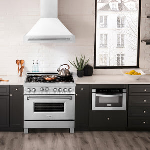 ZLINE 36 in. Satin Stainless Steel Wall Mount Range Hood with White Matte Shell and Stainless Steel Handle (8654SNX-WM-36) in a luxury kitchen.