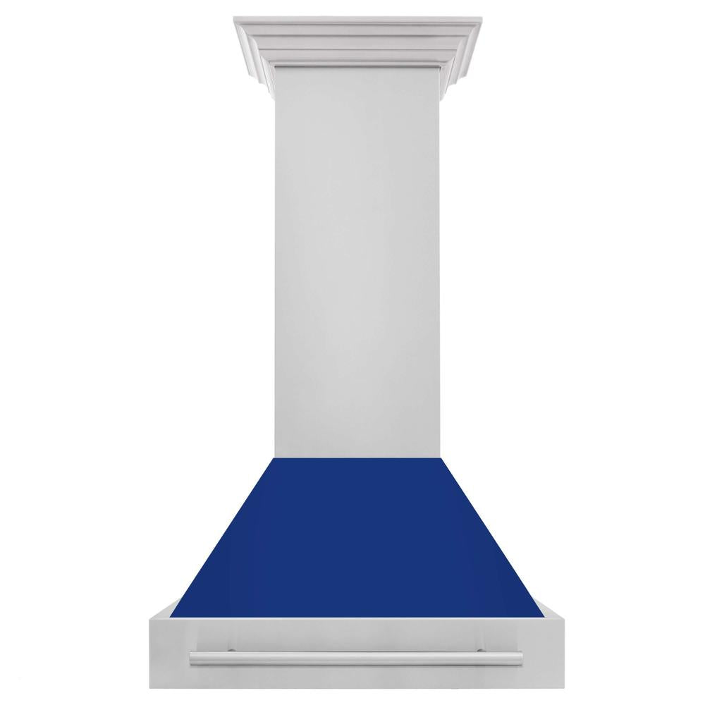 ZLINE 30 in. Stainless Steel Range Hood with Blue Gloss Shell and Stainless Steel Handle (8654STX-BG-30) front.