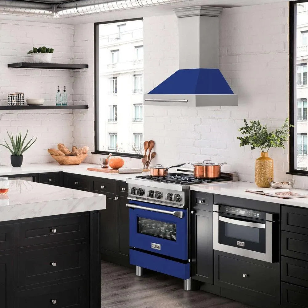 ZLINE 30 in. Stainless Steel Range Hood with Blue Gloss Shell and Stainless Steel Handle (8654STX-BG-30) in a luxury kitchen.