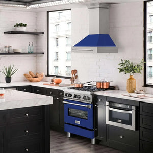 ZLINE 30 in. Stainless Steel Range Hood with Blue Gloss Shell and Stainless Steel Handle (8654STX-BG-30) in a luxury kitchen.