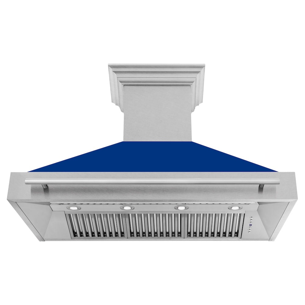ZLINE 48 in. Satin Stainless Steel Wall Mount Range Hood with Blue Gloss Shell and Stainless Steel Handle (8654SNX-BG48) front, under.