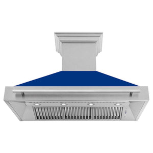 ZLINE 48 in. Satin Stainless Steel Wall Mount Range Hood with Blue Gloss Shell and Stainless Steel Handle (8654SNX-BG48) front, under.