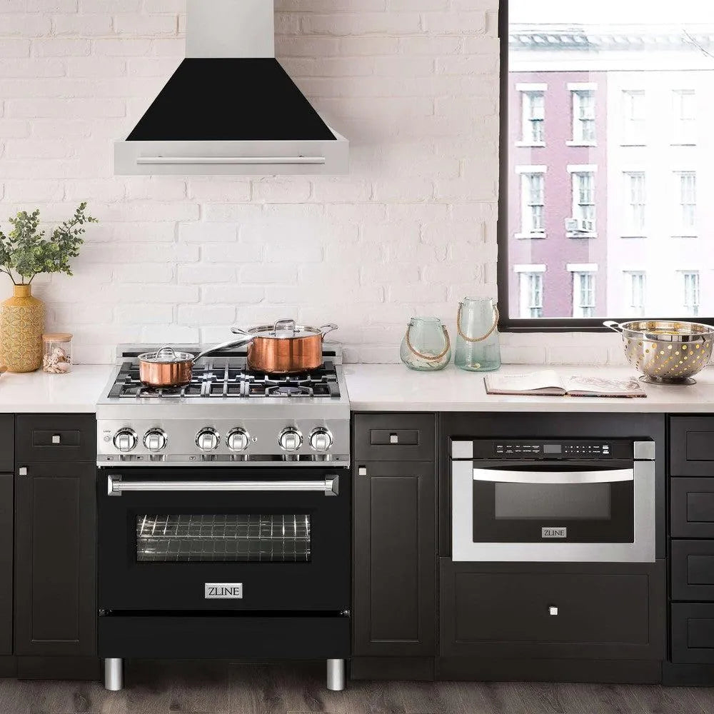ZLINE 30 in. Stainless Steel Range Hood with Black Matte Shell and Stainless Steel Handle (8654STX-BLM-30) in a luxury kitchen.