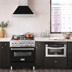 ZLINE 30 in. Stainless Steel Range Hood with Black Matte Shell and Stainless Steel Handle (8654STX-BLM-30) in a luxury kitchen.