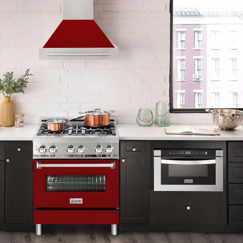ZLINE 30 in. Stainless Steel Range Hood with Red Gloss Shell and Stainless Steel Handle (8654STX-RG-30) in a luxury kitchen.