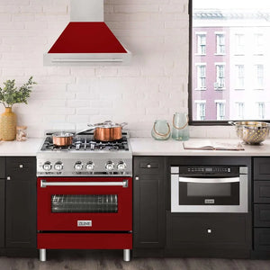 ZLINE 30 in. Stainless Steel Range Hood with Red Gloss Shell and Stainless Steel Handle (8654STX-RG-30) in a luxury kitchen.