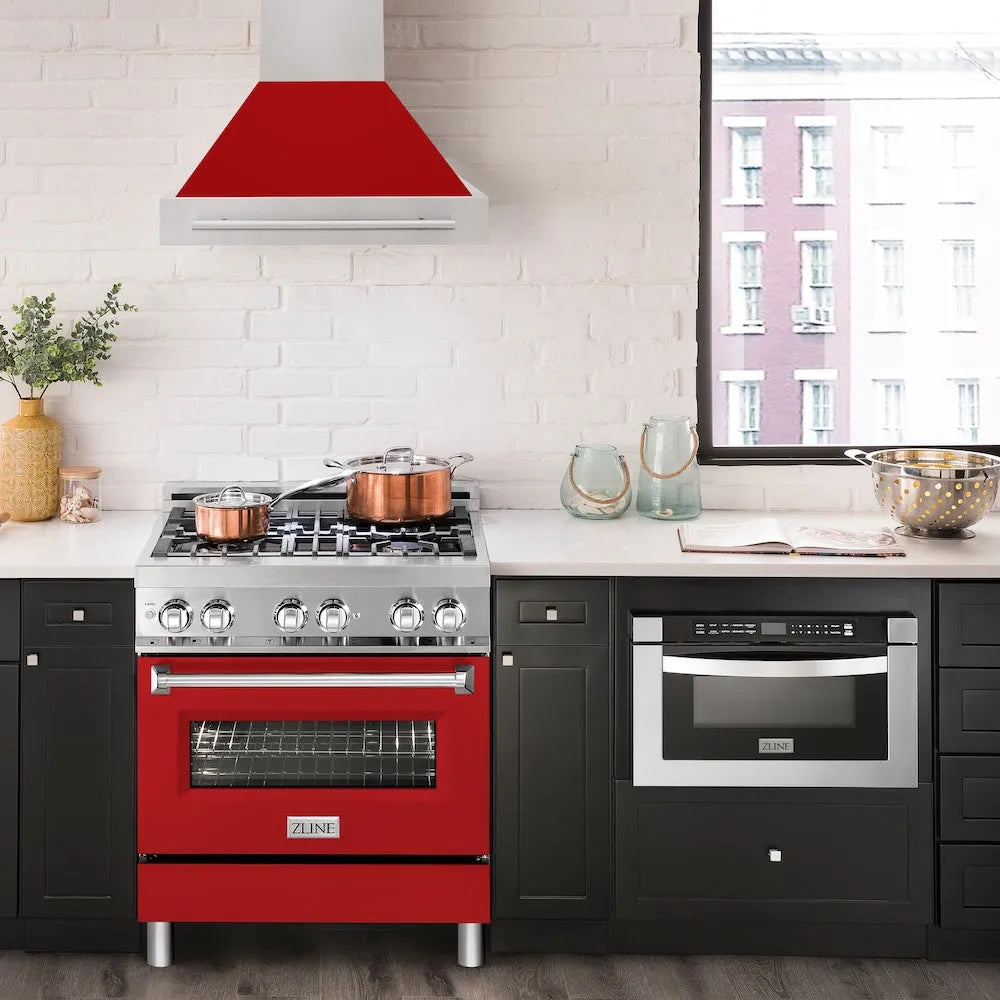 ZLINE 30 in. Stainless Steel Range Hood with Red Matte Shell and Stainless Steel Handle (8654STX-RM-30) in a luxury kitchen.