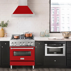 ZLINE 30 in. Stainless Steel Range Hood with Red Matte Shell and Stainless Steel Handle (8654STX-RM-30) in a luxury kitchen.