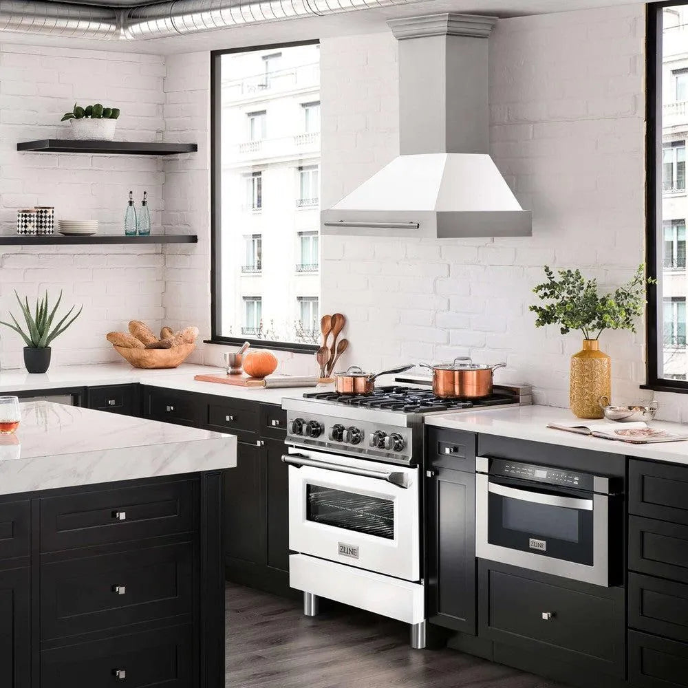 ZLINE 30 in. Stainless Steel Range Hood with White Matte Shell and Stainless Steel Handle (8654STX-WM-30) in a luxury kitchen.