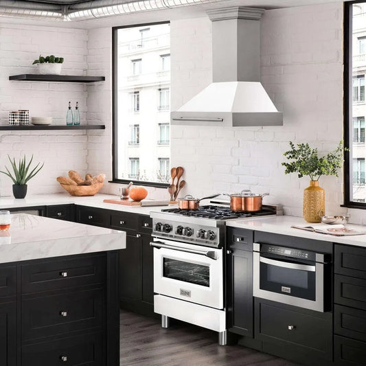 ZLINE 30 in. Stainless Steel Range Hood with White Matte Shell and Stainless Steel Handle (8654STX-WM-30) in a luxury kitchen.