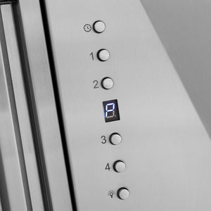 ZLINE Autograph Edition 36 in. Stainless Steel Range Hood with Stainless Steel Shell and Polished Gold Handle (8654STZ-36-G) buttons.