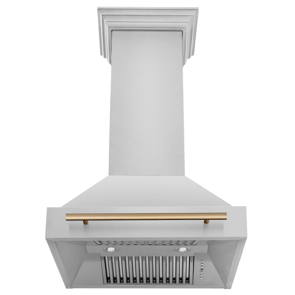 ZLINE Autograph Edition 30 in. Stainless Steel Range Hood with Stainless Steel Shell and Champagne Bronze Handle front, under.